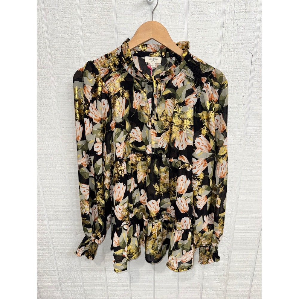 Umgee Floral Blouse Womens Small Black Gold Metallic Smocked Tiered R0696 NWT